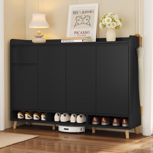 Shovera Sleek Cabinet – Black Shoe Organizer with Wood Legs & Adjustable Shelves