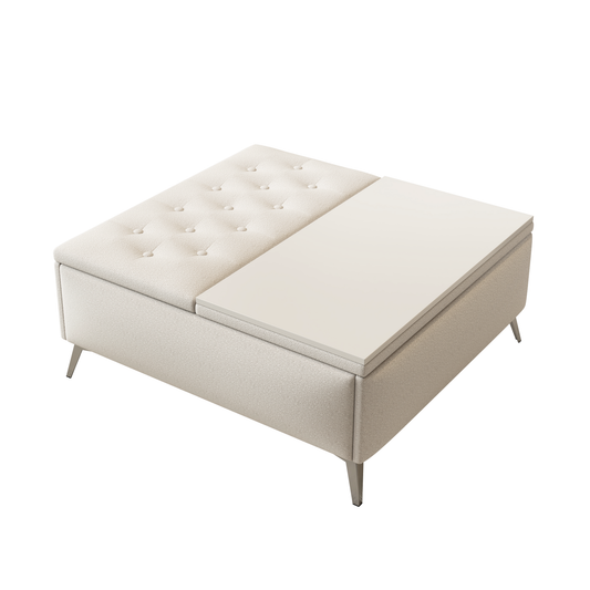 QuadraLift Ottoman – Sandlinen Upholstery, Woodform Base, LiftNest Storage Top