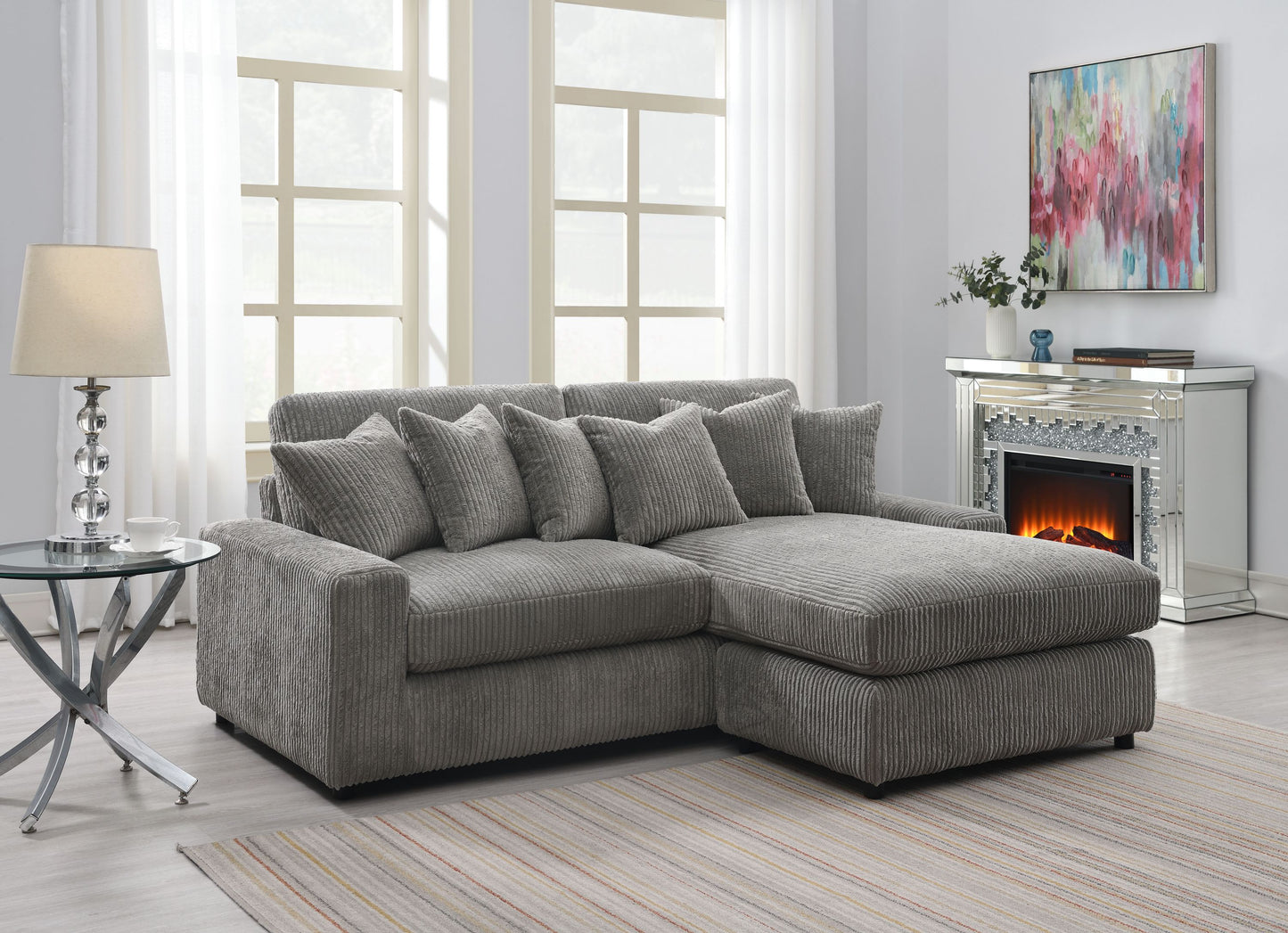 Tavia Reversible Lounge – Plush Corduroy Sectional with 6 Accent Cushions (Gray)