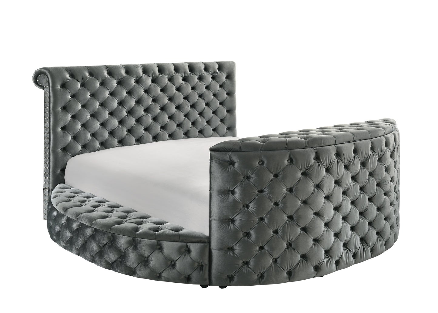 Vellatrix King Bed – Gray Velvet Tufted Frame with TV Lift, Fireplace & Nailhead Trim