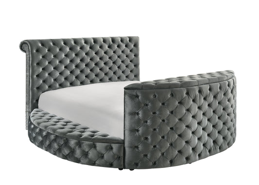 Vellatrix Queen Bed – Gray Velvet Tufted Frame with TV Lift, Fireplace & Nailhead Trim