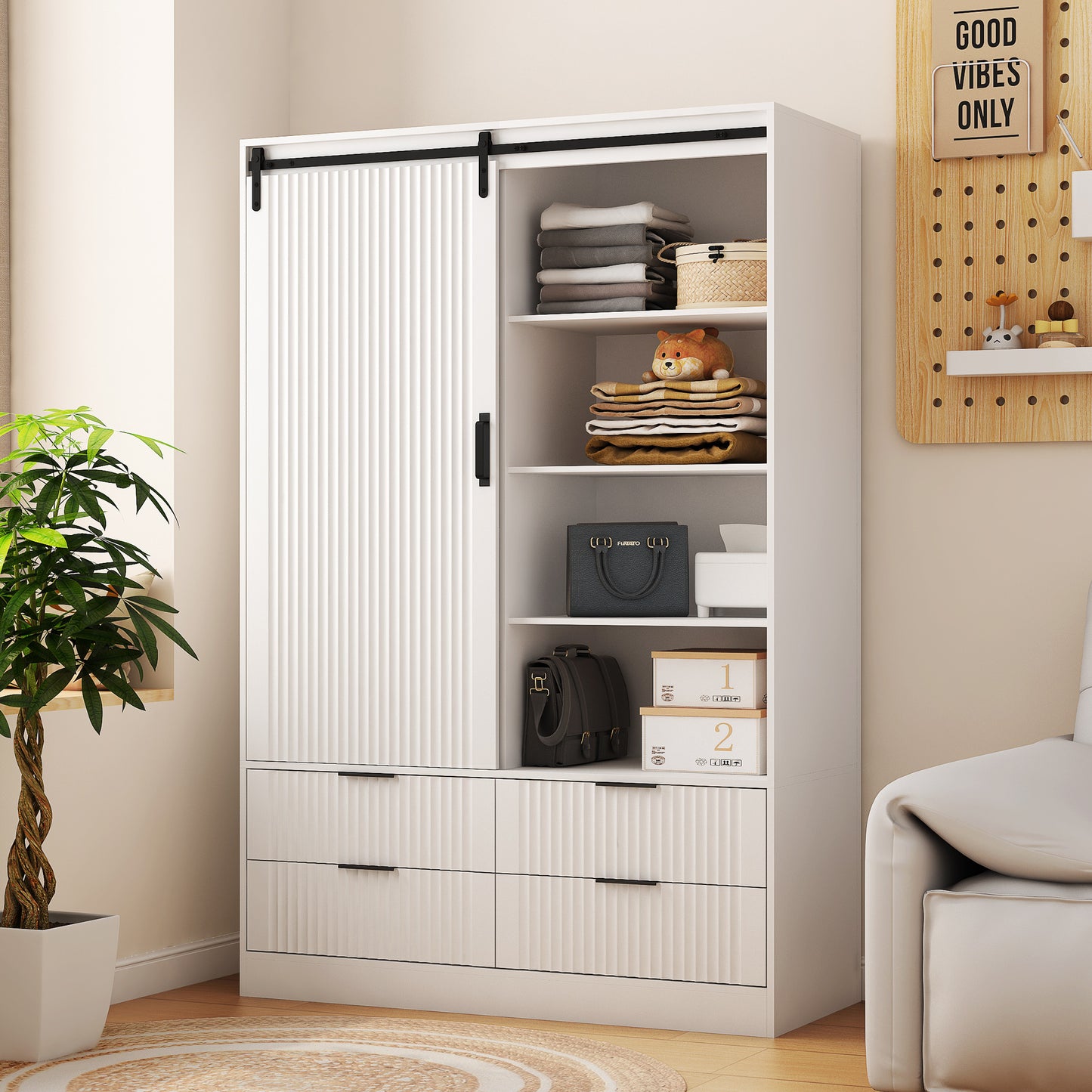 Branwen Barn Armoire – Tall White Wardrobe with Rod, Drawers & Open Shelves