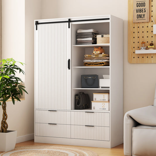 Branwen Barn Armoire – Tall White Wardrobe with Rod, Drawers & Open Shelves