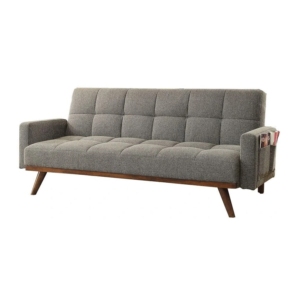 NestEdge ‘LinenNest” Futon – Gray Tufted Linen | Convertible Bed + Side Pockets + Wooden Legs