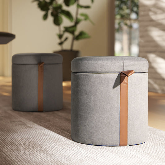 Tavina Ottoman – Graytone Fabric, Leathertag Accent, StowCore Design