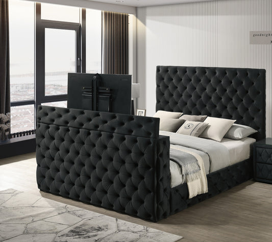 Vellatrix Queen Bed – Black Velvet Tufted Frame with TV Lift & Hidden Storage