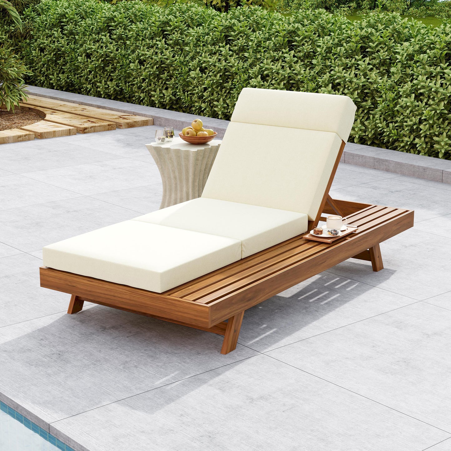 Solvara Acacia Chaise Set – Reclining Wood Lounge with Headrest & Side Space, 3-Fold Beige Cushions (4" Thick)