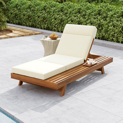 Solvara Acacia Chaise Set – Reclining Wood Lounge with Headrest & Side Space, 3-Fold Beige Cushions (4" Thick)