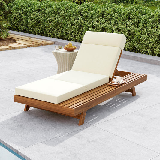 Solvara Acacia Chaise Set – Reclining Wood Lounge with Headrest & Side Space, 3-Fold Beige Cushions (4" Thick)