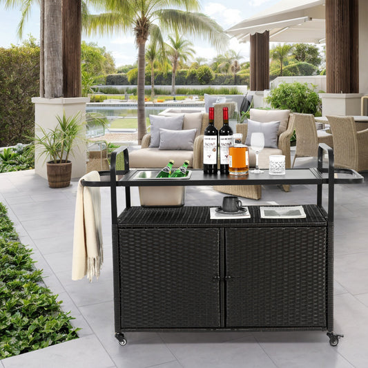 Vina Outdoor Bar Cart – Wicker Serving Table with Ice Bucket, Cabinet & Lockable Wheels (Black)