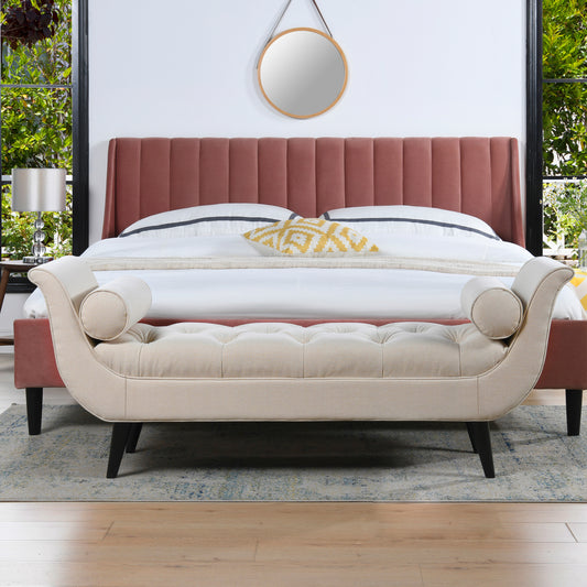 Alma Tufted Bench – Flared Arm Entryway Seat, Sky Beige