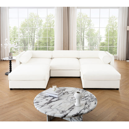Veluno ‘SnugVault” U-Shape Sofa – Elegant White Chenille | 3-Seater with Ottoman + Hidden Storage