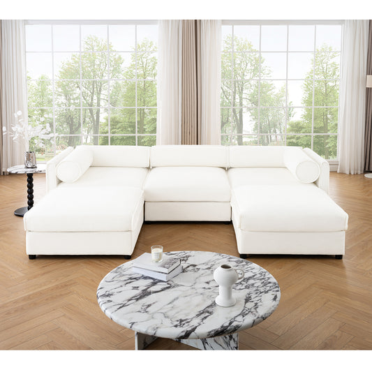 Veluno ‘SnugVault” U-Shape Sofa – Elegant White Chenille | 3-Seater with Ottoman + Hidden Storage
