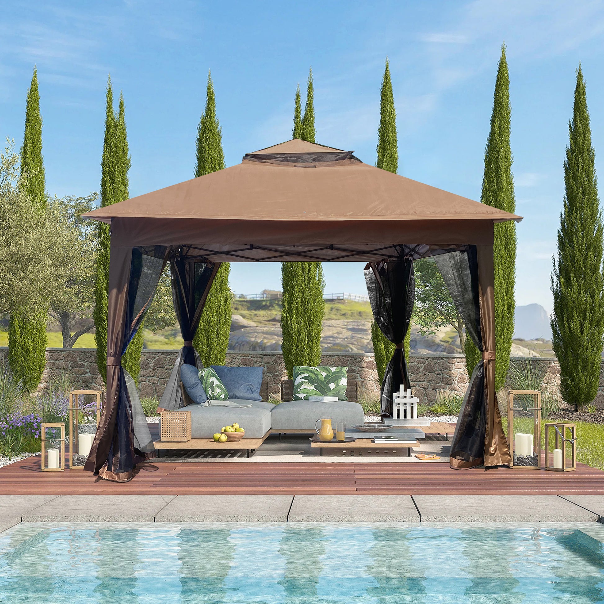 Aurelia 13x10' Soft - Top Gazebo – Backyard Pavilion with Ventilated Roof & Netting (Brown Canopy) - JUSTLIVE NESTJUSTLIVE NEST
