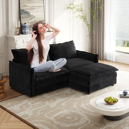 NestEdge ‘CorduNest” Loveseat Sectional – Corduroy 2-Seater with Ottoman | Deep Seat + 2 Cushions