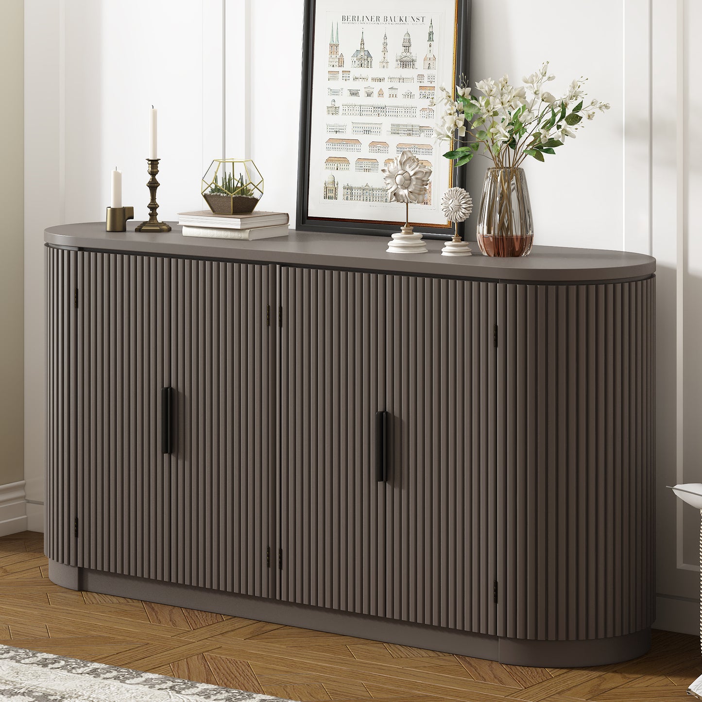 Ulvera Stripe Cabinet – Vertical Slatted Door Storage with Adjustable Shelves