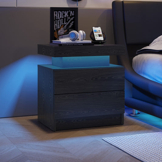 Vionix Glow Table – Black LED Bedside Cabinet with 2 Drawers & Light Strip