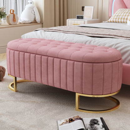 Vesna Storage Ottoman – Pink Velvet with Button Tufting & Metal Legs, Fully Assembled