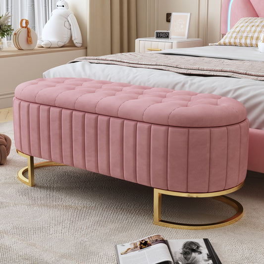 Vesna Storage Ottoman – Pink Velvet with Button Tufting & Metal Legs, Fully Assembled