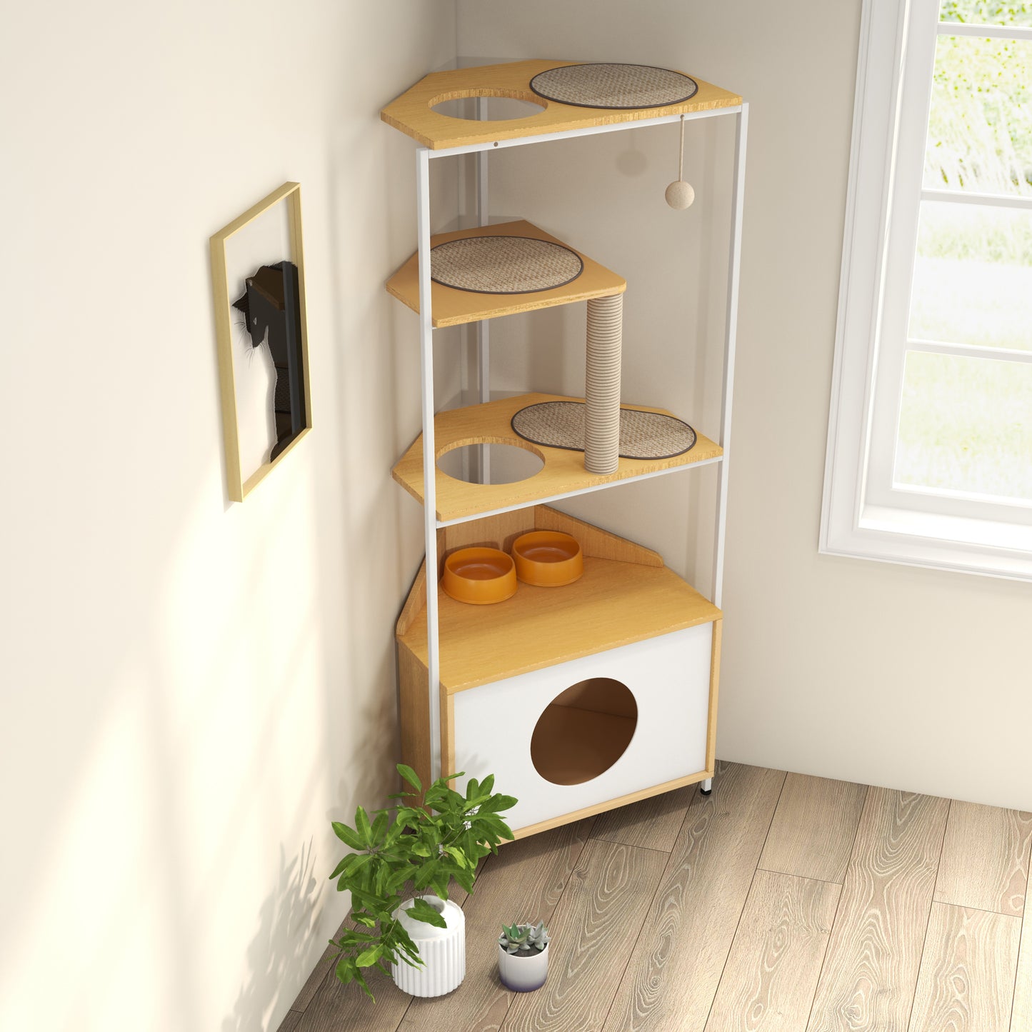 Vero Corner Cat Tower – Multi - Level Cat Condo with Scratching Post, Feeder & Climbing Ledges - JUSTLIVE NESTJUSTLIVE NEST