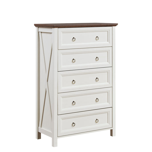 Alderly LoftChest – 5-Drawer Rustic Farmhouse Dresser in White Oak Finish