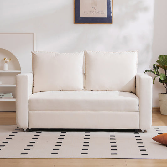 NestEdge ‘CozyFold” Loveseat – 2-in-1 Pullout Sofa Bed | Adjustable Arms + Linen White