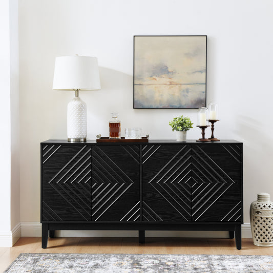 Farmcrest Fluted Cabinet – 60.5'' Black Buffet with Geometric Pattern and Mid-Century Form