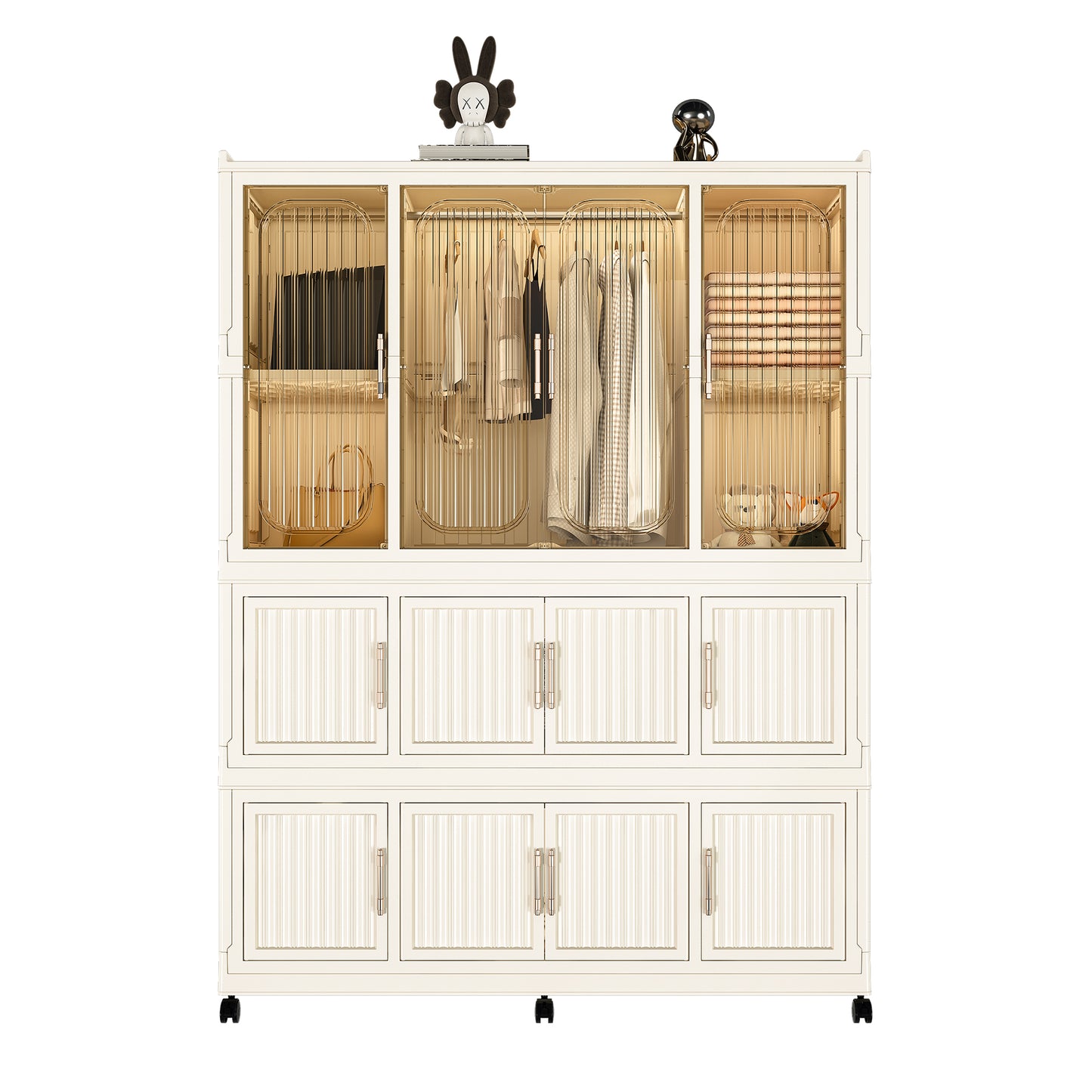 Closira Grid Cabinet – White 12-Cube Magnetic Door Wardrobe with Hanging Rod