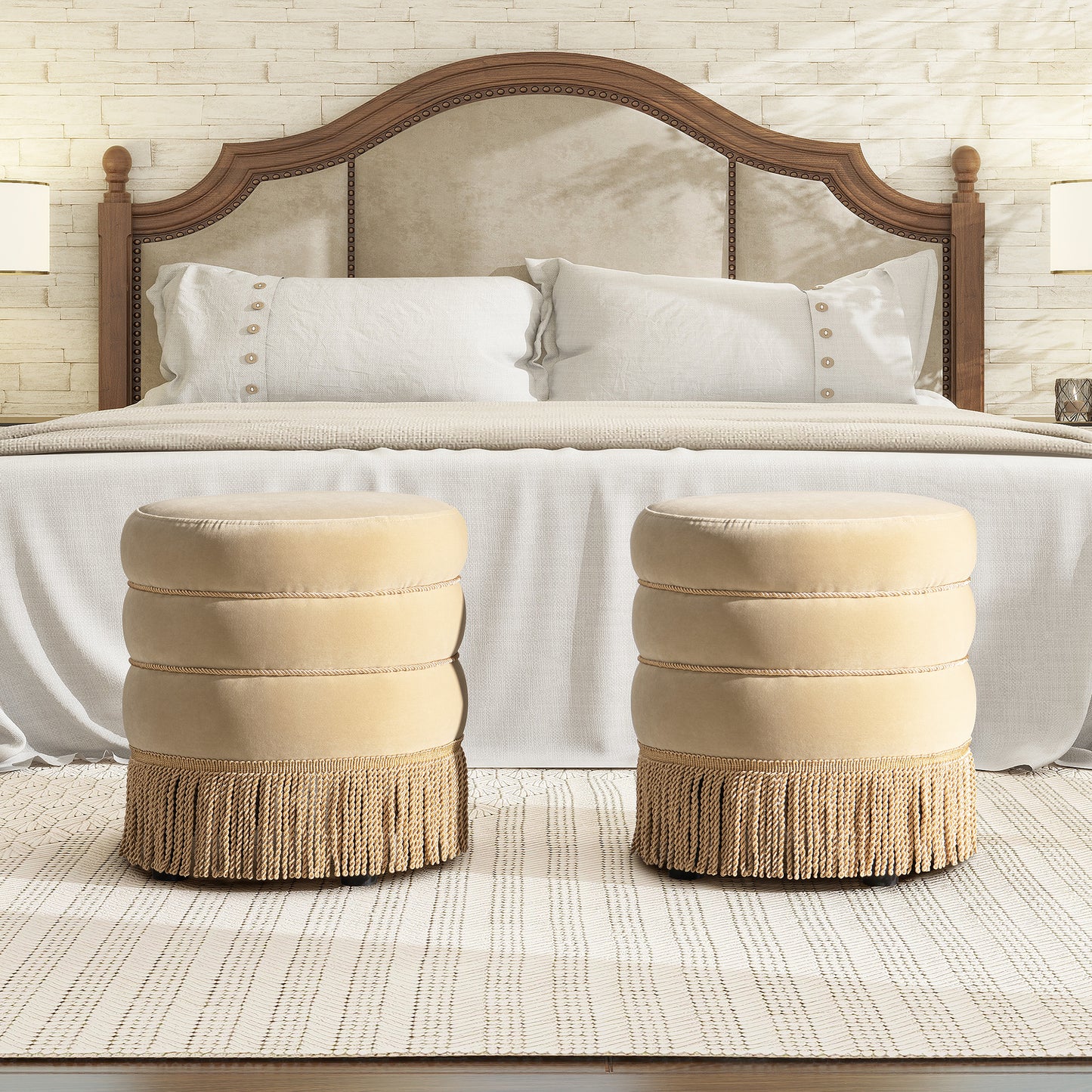 Ardewyn Ottoman – FawnVelvet Wrap, FringeLuxe Base