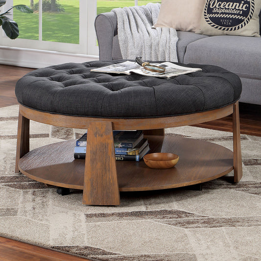 Camden Ottoman – Natural Wood Frame with Deep Tuft Seat and Open Shelf
