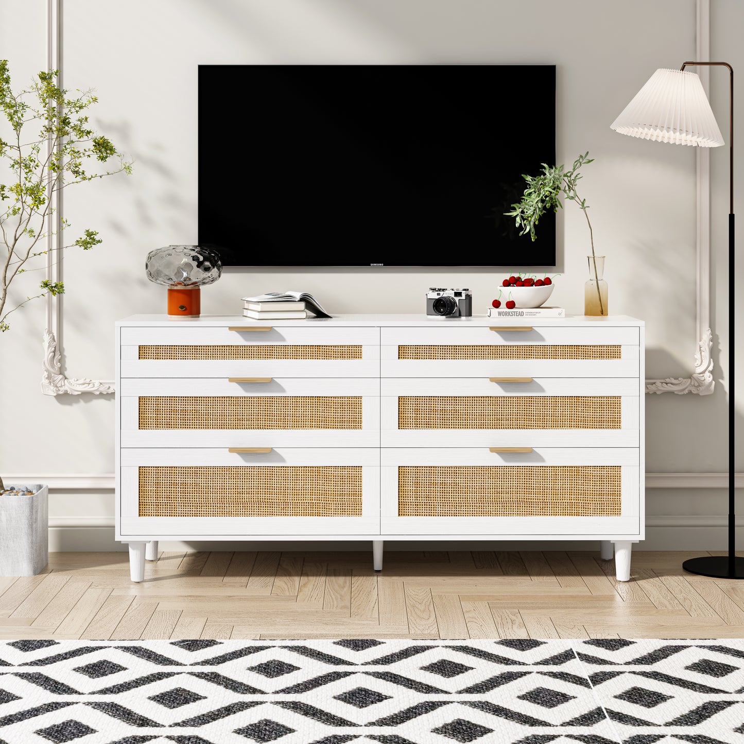 Rattora XL 6‑Drawer Dresser – White Rattan & Wood Blend, Spacious Bedroom Organizer