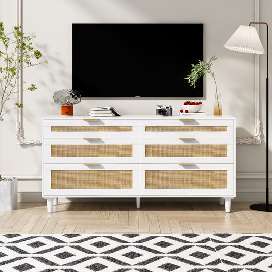 Rattora XL 6‑Drawer Dresser – White Rattan & Wood Blend, Spacious Bedroom Organizer