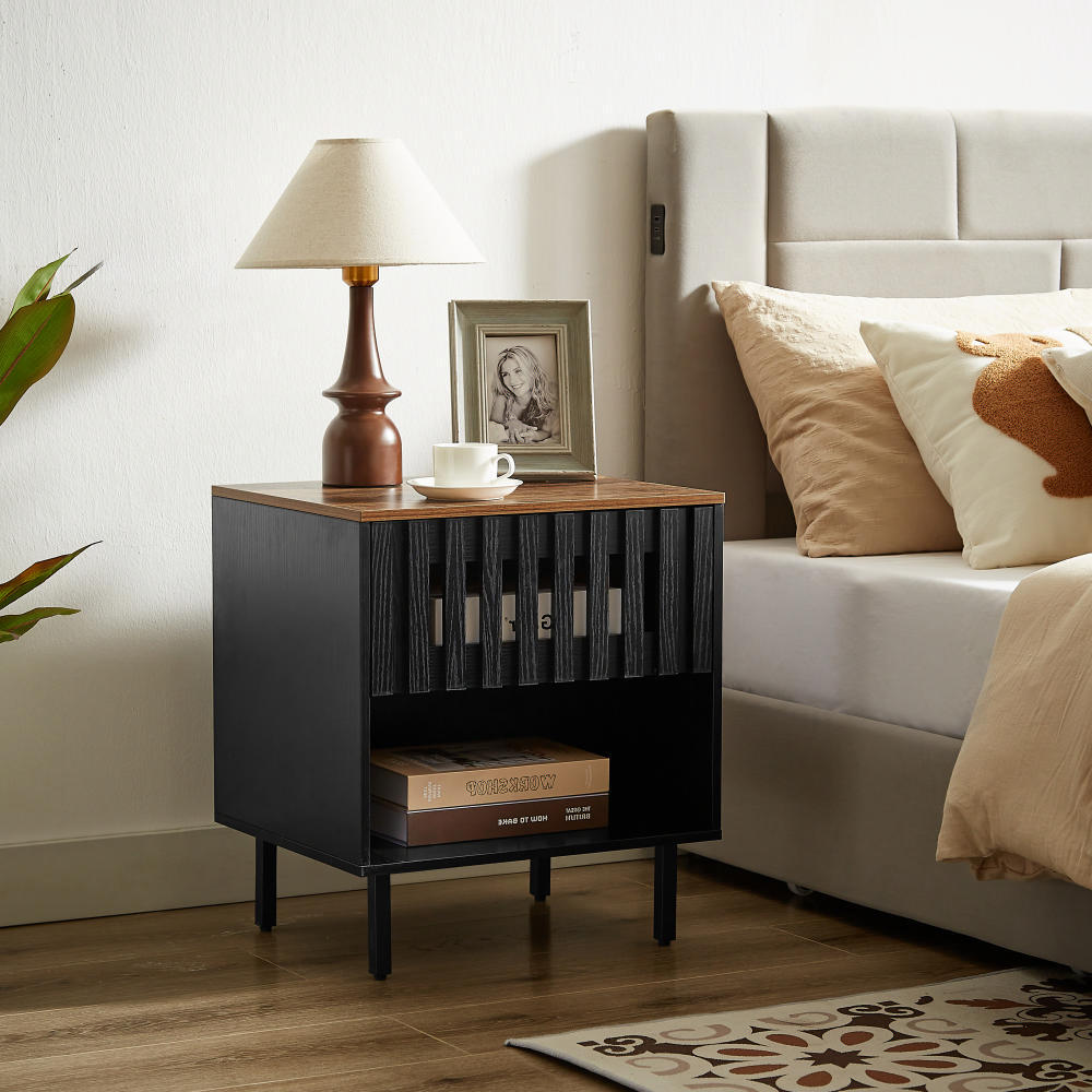 Grillora Duo Set – 2 Nightstands with Slatted Drawer Fronts & Metal Legs (Mid-Century Style)