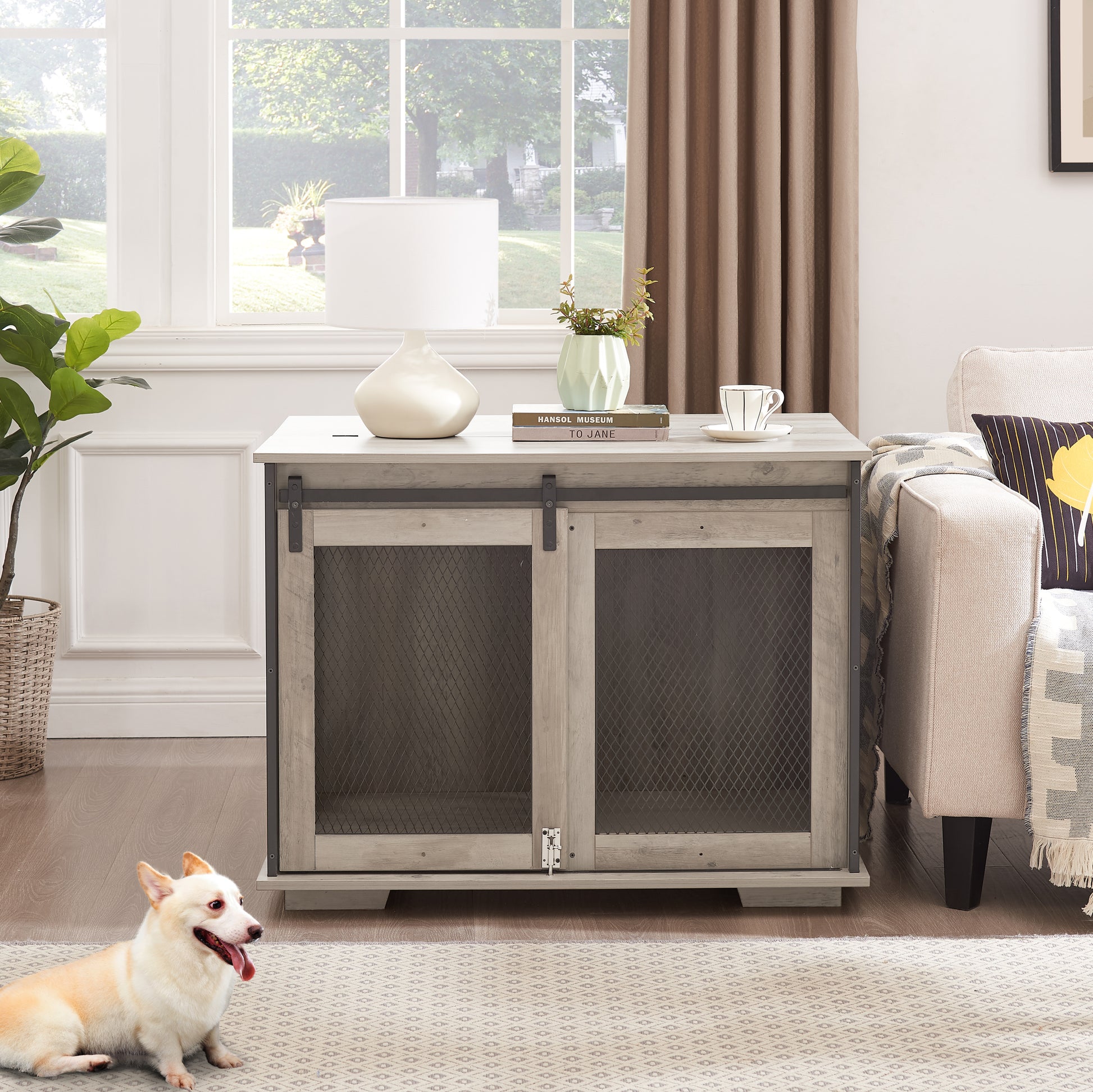 Hollo Farmhouse Crate – Gray Dog Kennel Table with Sliding Barn Door & Flip - Top Divider - JUSTLIVE NESTJUSTLIVE NEST