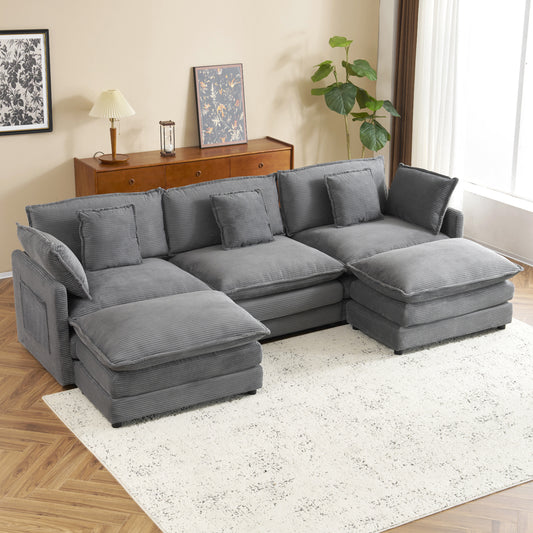113' Grand Modular Lounge – Plush Corduroy L-Shape Sofa with Hidden Side Storage (Dark Grey)