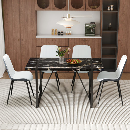 Arquent 55" Marbletone Dining Set – Black Veined Table with 4 Stitchline PU Chairs