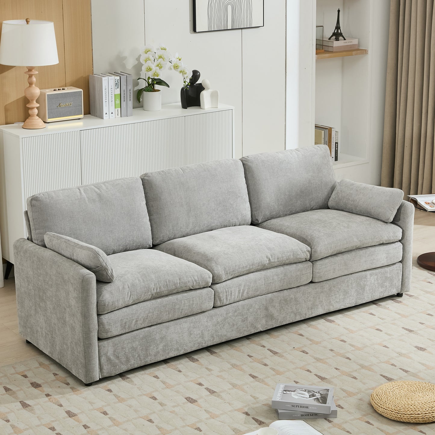 NestEdge ‘CloudNest” 3-Seater Sofa – Light Grey Upholstery | Double Plush Cushion Comfort
