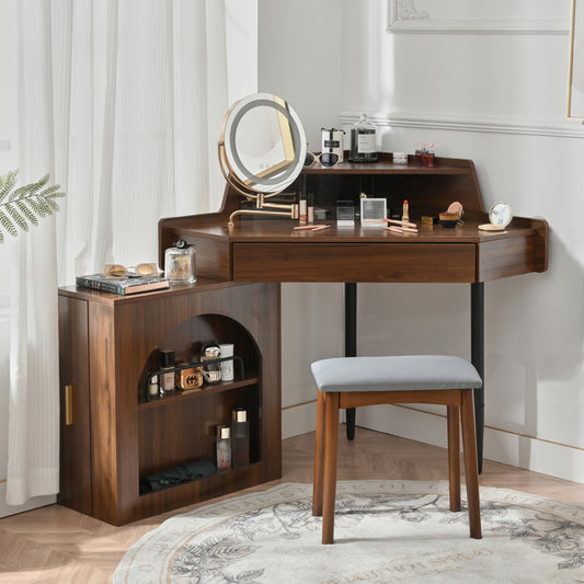 Farmessa Corner Shine – Walnut Corner Vanity with Folding Mirror, Touch Lights & Large Storage