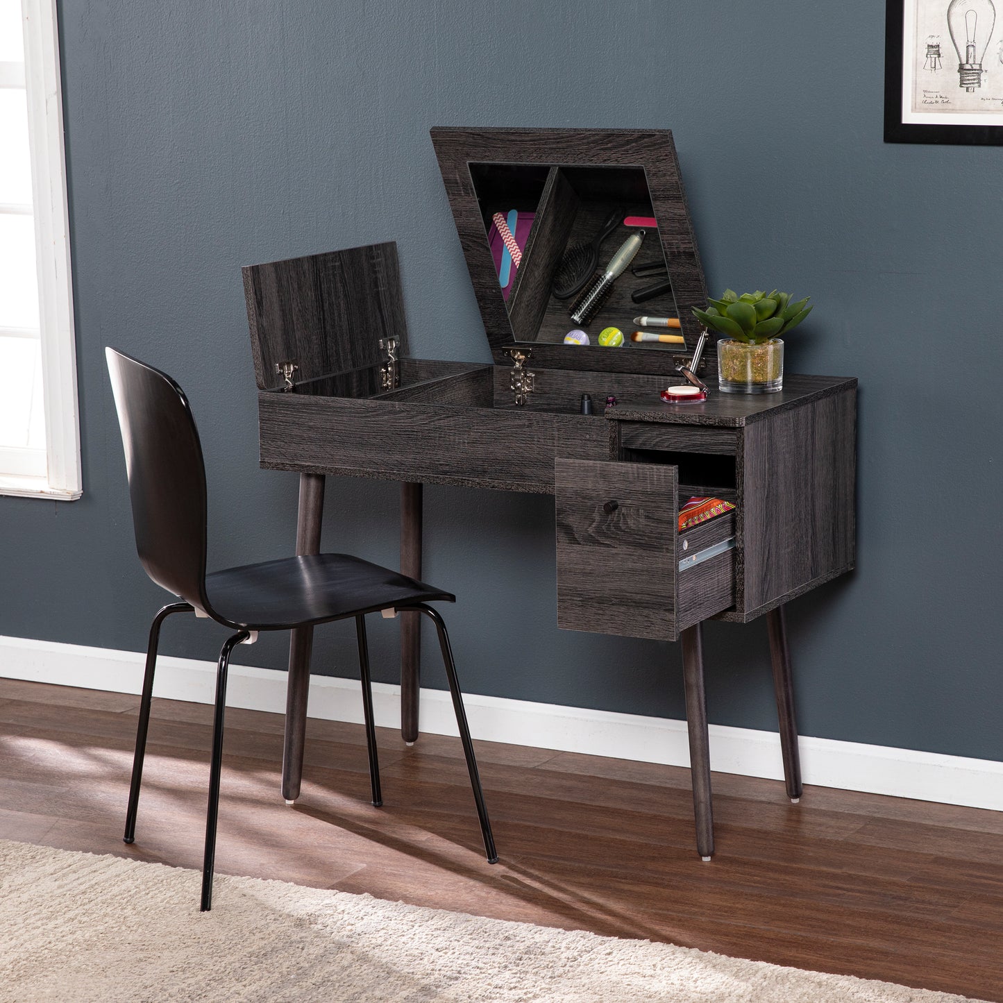 Farmessa ClearView Console – Wooden Vanity Desk with Storage Mirror & Rustic-Modern Finish