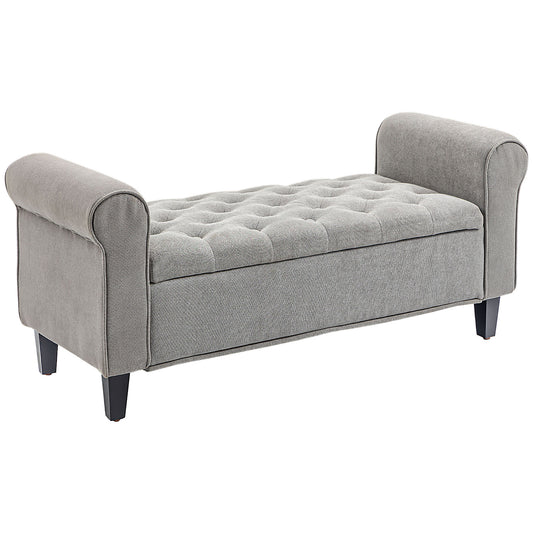 Lorian Tufted Storage Bench – Gray Velvet Upholstered Bed-End Bench, 50" with Rolled Arms