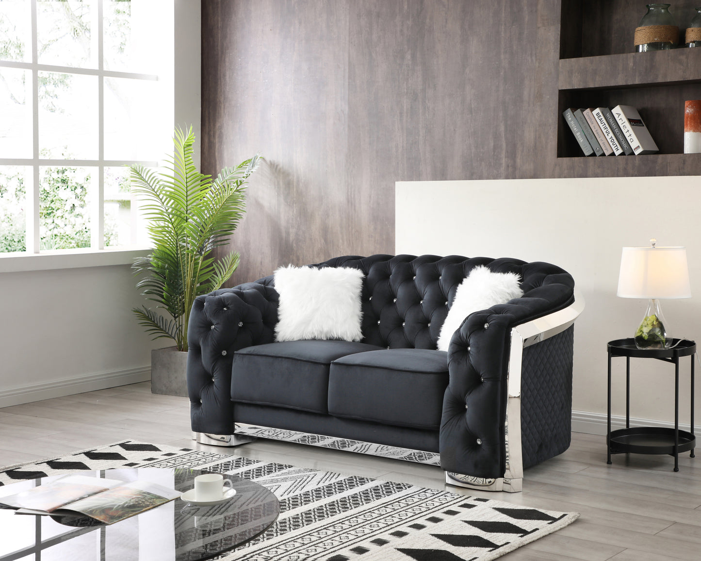 Arvia™ Black Flared-Arm Loveseat – Elegant 2-Seater Sofa for Modern Living Spaces