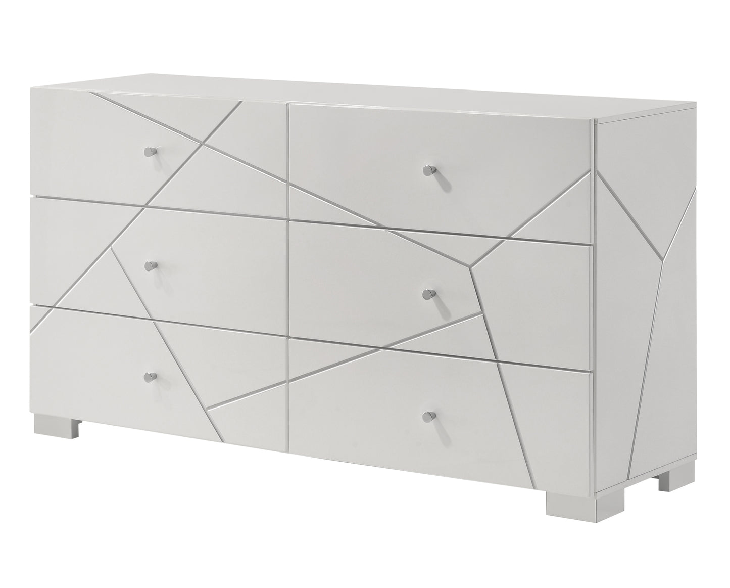 Stravelle GeoGloss Console – High-Gloss White 6-Drawer Dresser with Raised Pattern Accents