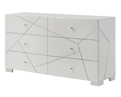 Stravelle GeoGloss Console – High-Gloss White 6-Drawer Dresser with Raised Pattern Accents