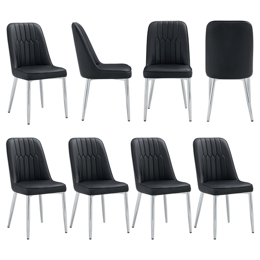 Zelto Dining Chair Set – 8 Black PU Chairs with Silver Legs and Line-Back Detail