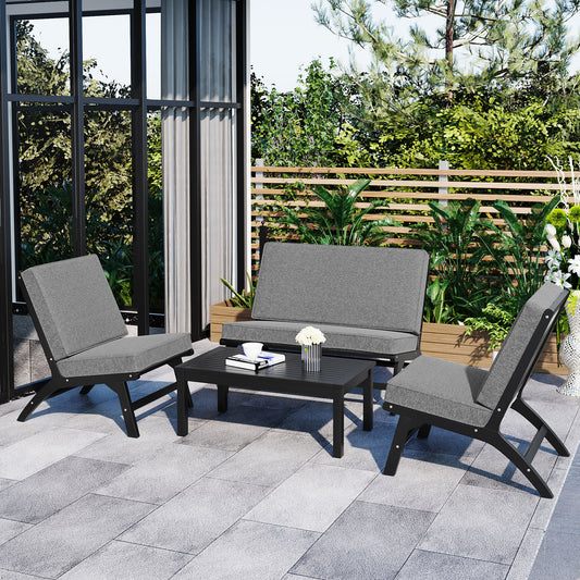 GO 4-Piece V-Shaped Sofa Set – Black & Gray Acacia Wood Outdoor Seating Group for Patio or Yard