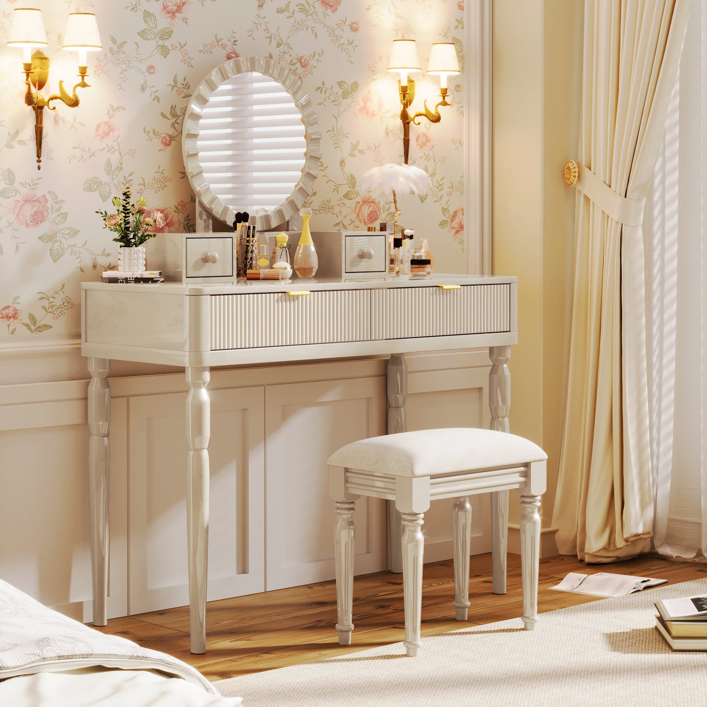 Vionix Elevate Luxe – Champagne Round Mirror Vanity with Height-Adjustable Frame, 4 Drawers & Stool