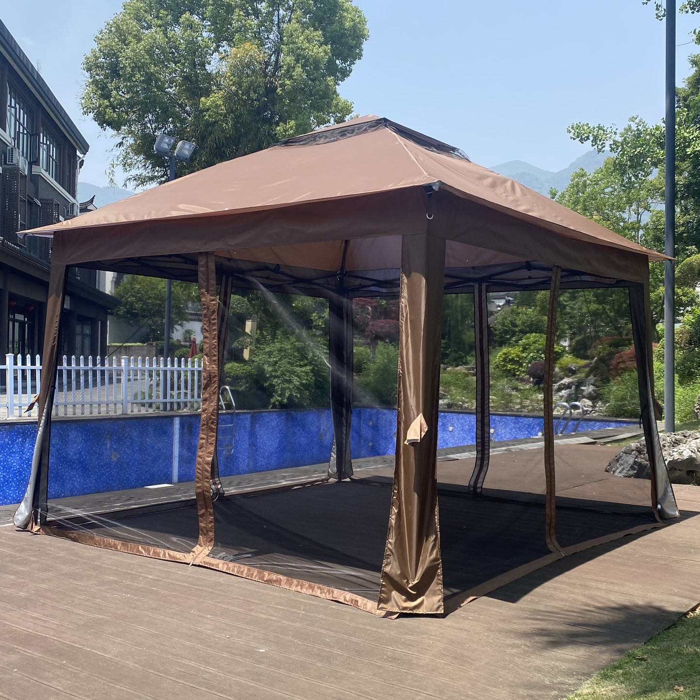 Aurelia 13x10' Soft - Top Gazebo – Backyard Pavilion with Ventilated Roof & Netting (Brown Canopy) - JUSTLIVE NESTJUSTLIVE NEST