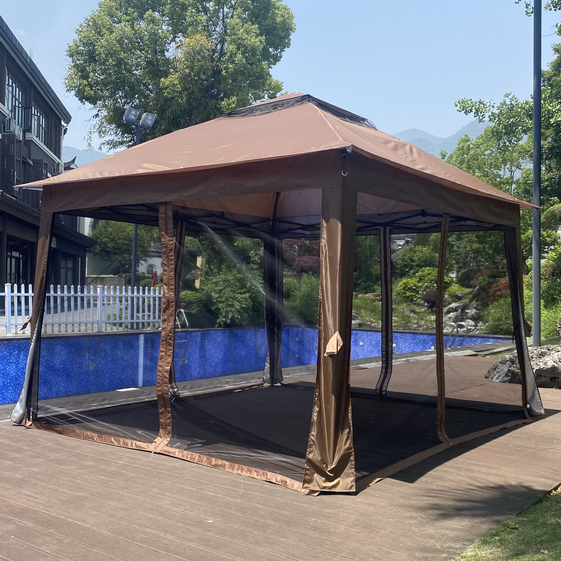 Aurelia 13x10' Soft - Top Gazebo – Backyard Pavilion with Ventilated Roof & Netting (Brown Canopy) - JUSTLIVE NESTJUSTLIVE NEST