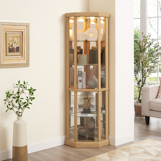 Luntra Corner Glow – Light Oak Glass Curio Cabinet with LED for Bar or Display Use