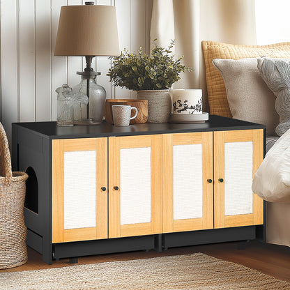 Nuvio Double Litter Enclosure – Black Hidden Cat Box Cabinet with Rattan Doors (Fits 2 Cats) - JUSTLIVE NESTJUSTLIVE NEST